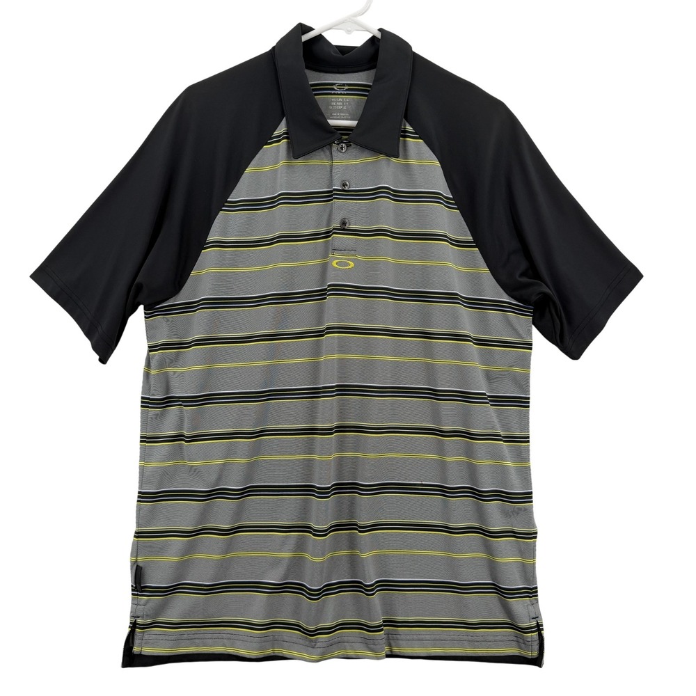 Oakley Polo Shirt Mens Large Black Gray Striped Golf Performance Short Sleeve
